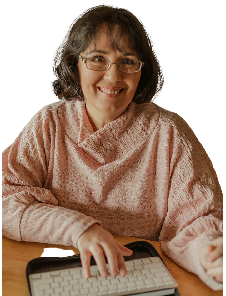 Melanie sitting with her tablet